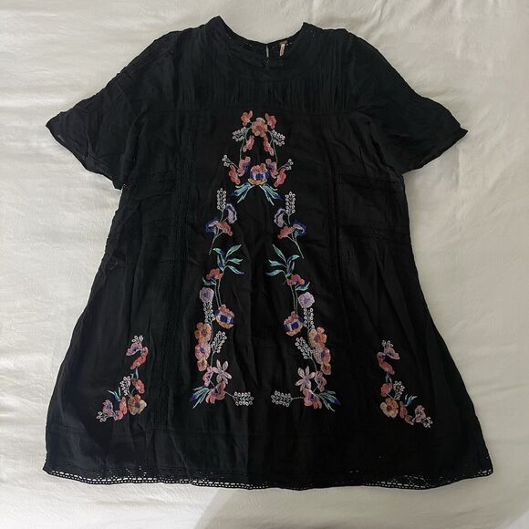 Free People Perfectly Victorian Mini Dress Floral Embroidered Black Size Large - Picture 3 of 13